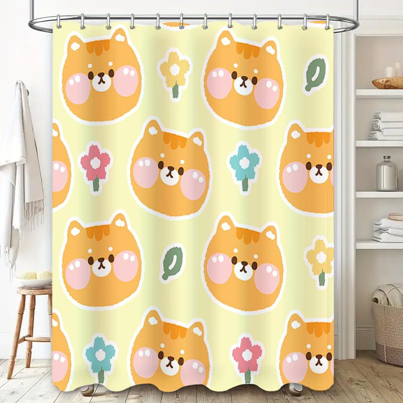 Animal Cartoon Print Shower Curtain With Cute Dog Design Creative Bathroom Decor For Home Decoration In Yellow Color (180X270Cm)
