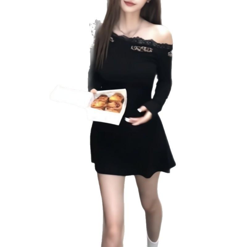 MR American Spice Girl Short Dress Autumn Waist Skinny Design Sense Leopard Print Splicing Sexy Shoulder Dress Women