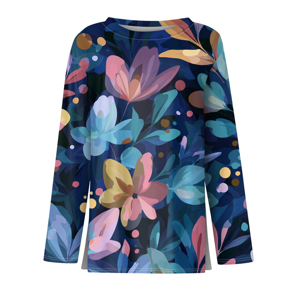 Women's Fashion Hem Slit Casual Retro Floral Print Round Neck Long Sleeve Top