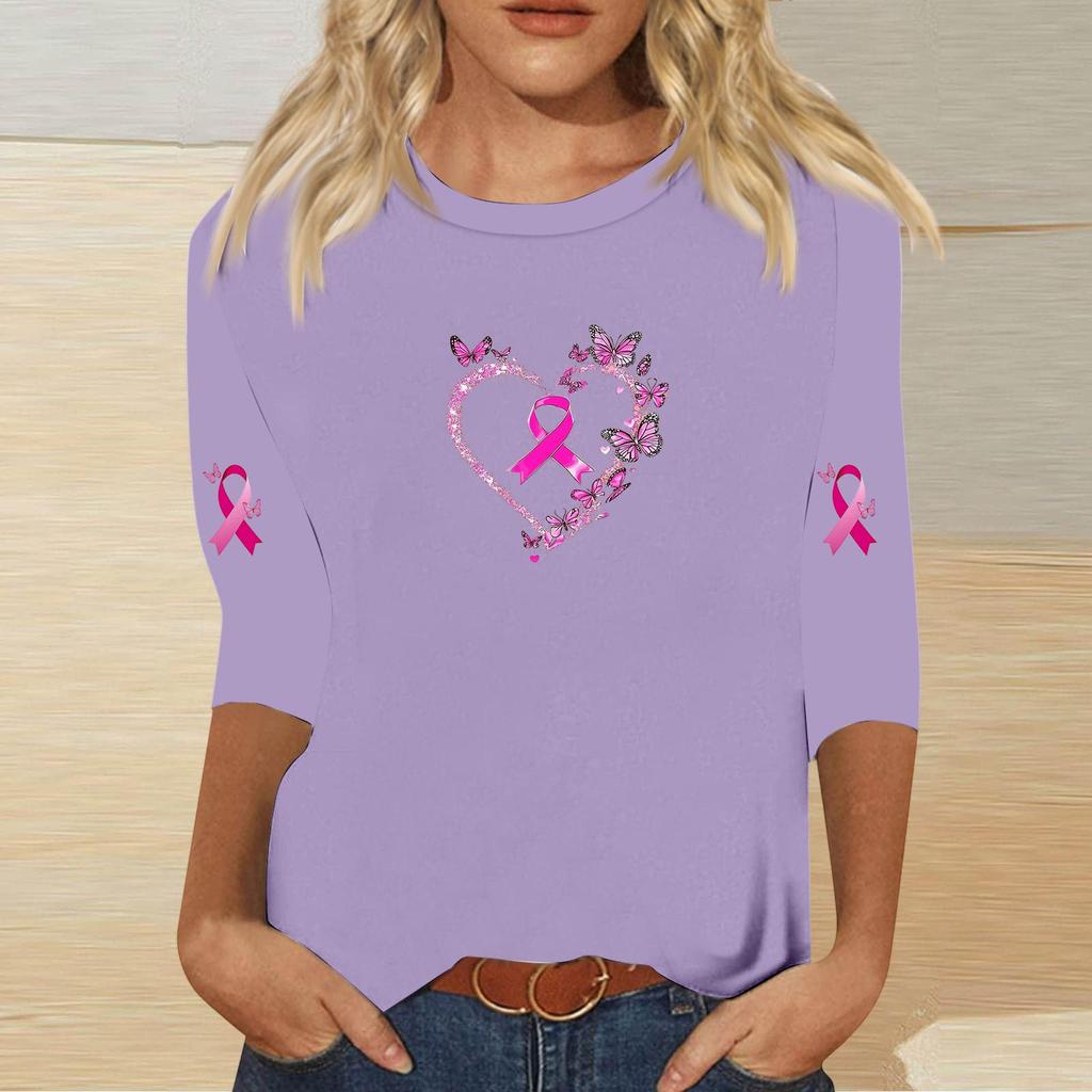 Women's Casual Printed Top with Heart and Butterfly Design, Round Neck, Three-Quarter Sleeves, Loose Fit