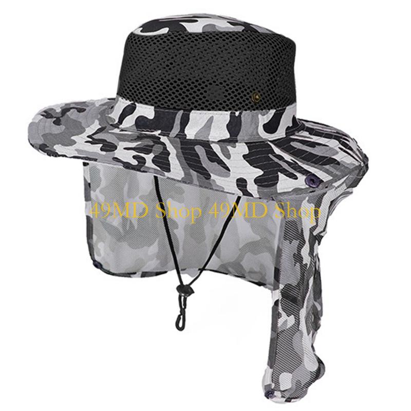 49MD Camouflage Mesh Sun Hat for Various Age Breathable Fisherman Hat with Neckflap Sweat Absorbent Hat for Outdoor Activity