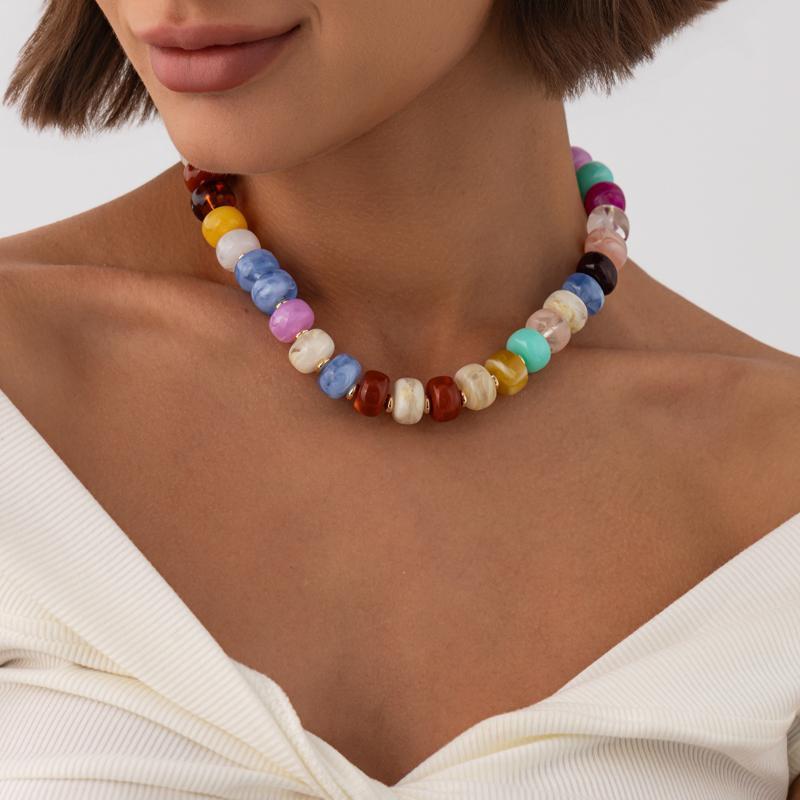 Trendy Y2K Aesthetic Smudge Resin Bead Chain Necklace Lightweight for Women Summer Beach Wear Jewelry Gift