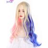XIYUE Synthetic Long Wavy Rainbow Ombre Blonde Blue Red Wig with Bangs Lolita Cosplay Fluffy Women Hair Wig for Daily Party