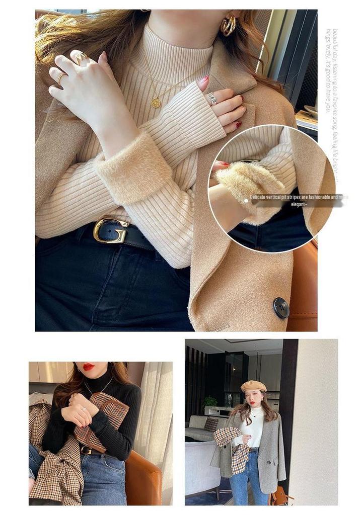 Women's Fleece-Lined Thick Sweater for Autumn/Winter, Half-High Collar Plush Base Layer, High-Grade Warm Top.