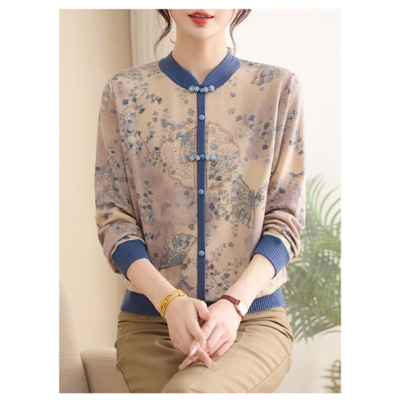 Toamnă Mânecă lungă Bază Top Versatil pentru Femei cu Efect de Întinerire Pulover la Modă Tricotat cu Nasturi Imprimat