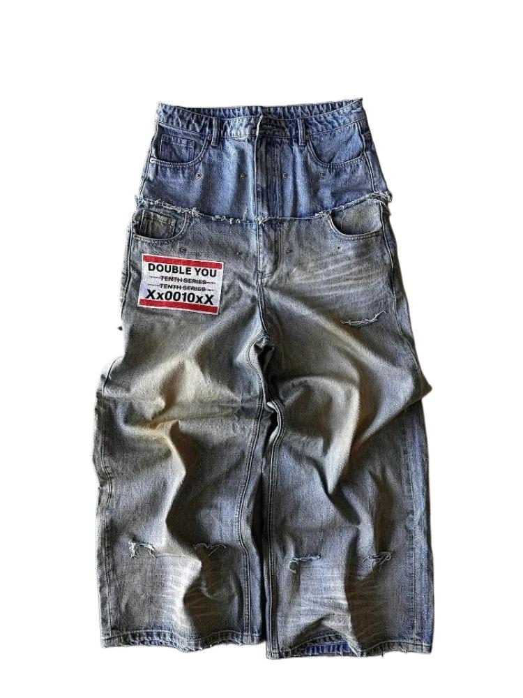 GLYDE Street Hip Hop Letter-print Jeans Men Y2k Goth Punk Harajuku Ripped Wide Leg Pants Retro Loose Straight Leg Double Waisted Pants
