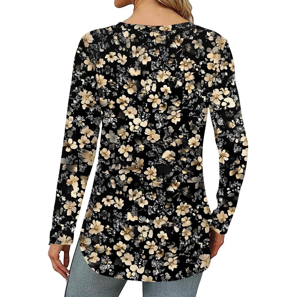 Women's Loose Round Neck Print Long Sleeve T-Shirt Top Pullover