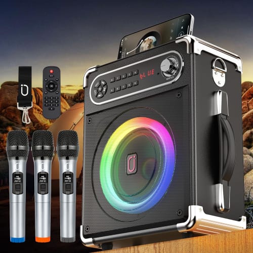 JYX Speaker Set with Loudspeaker, 3 Wireless Microphones, Bluetooth 5.0 Compatible, Enhanced Bass and Treble, Rechargeable, Portable, Ideal for Home P