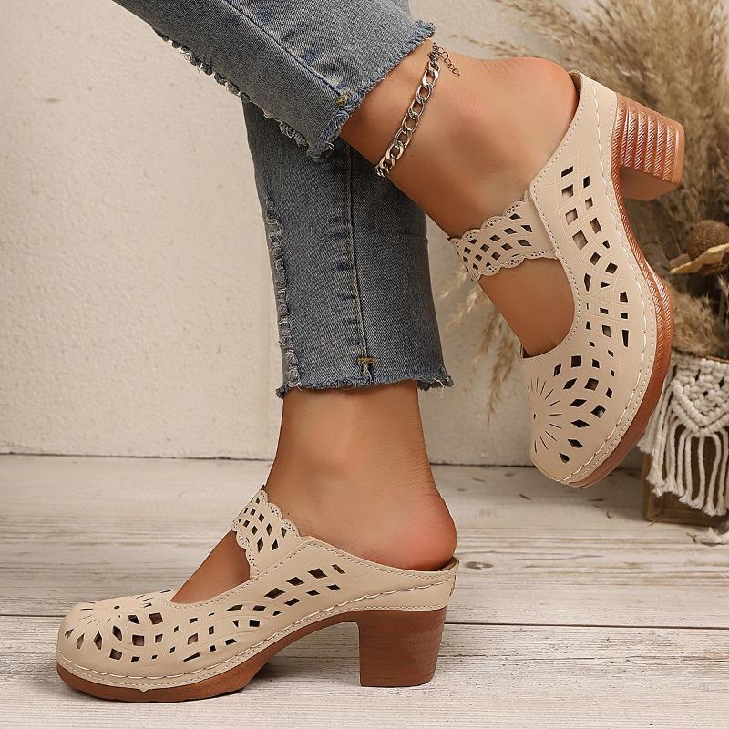 Women's Summer New Large Size Women's Sandals Retro Block Heel Slippers Large Size Cutout Wedge Sandals