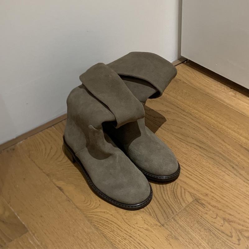 Cowhide version~ genuine leather Korean version niche design sense flat bottom versatile comfortable medium tube boots stacking boots western