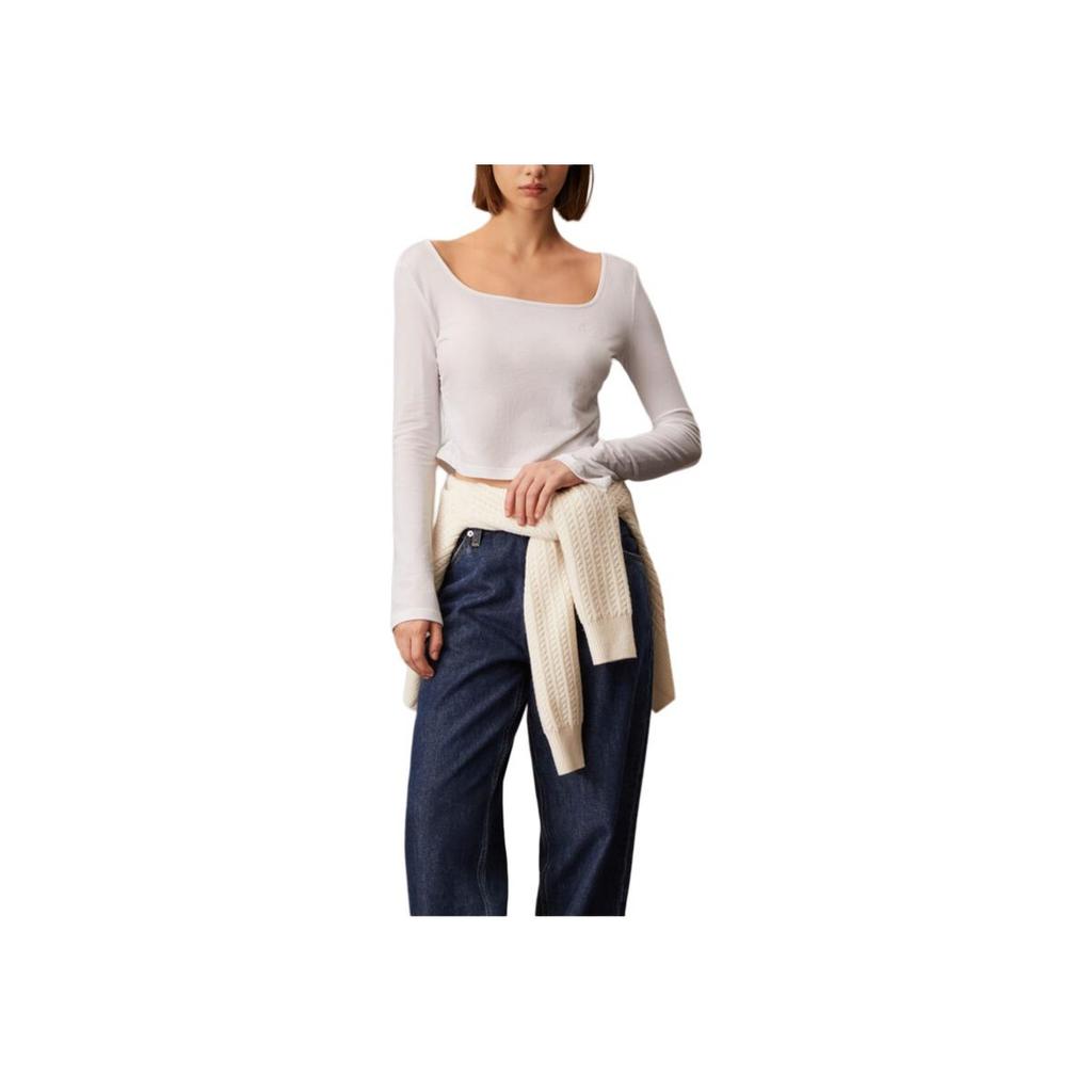 Calvin Klein Minimalist Comfortable Versatile Side Pleat Ribbed Knit Long Sleeve T-Shirt Women Tops Bright-White J225097-YAF