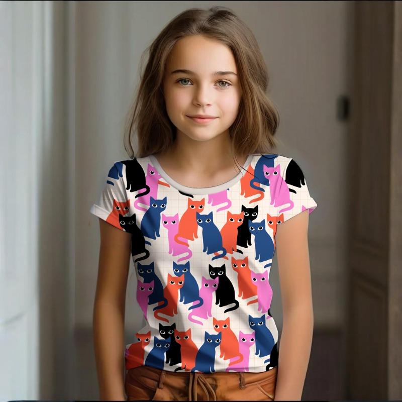 Mädchen Kleidung Sommer Cartoon Katze Grafik Kinderkleidung Kinder Kunst Kritzeleien Kurzarm T-Shirt Lässig O-Ausschnitt Kinder Top
