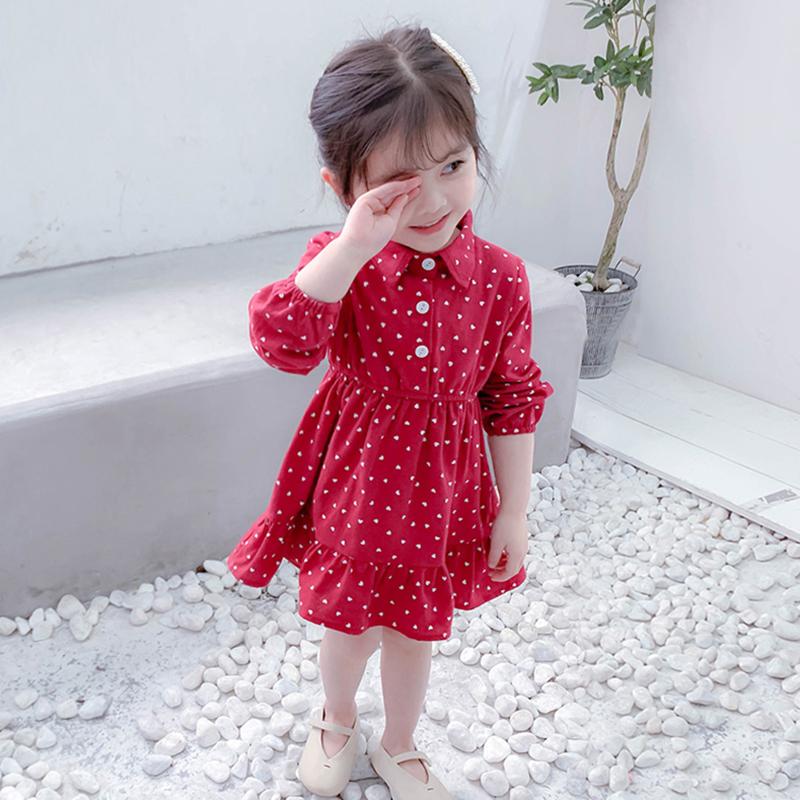 Girls' Dress Heart Dot Full Print Children's Long Sleeve Shirt Dress