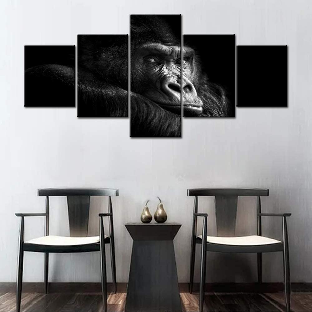 5Pcs Beautiful Portrait of a Male Gorilla Black Background Paintings Cute Chimp Monkey Kid room Canvas Home Decor Modern Wall