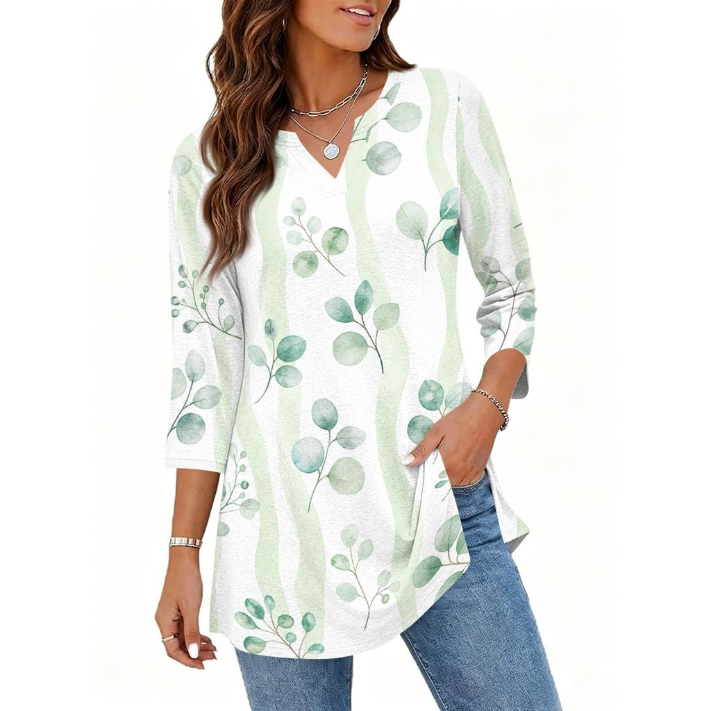 Womens Casual V Neck 3/4 Sleeve Pullover Tunic Top Floral Print Mid Length Blouse Lightweight Comfortable Fit