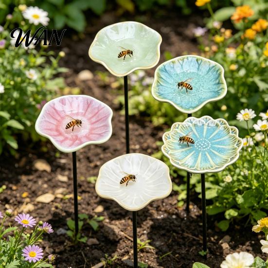 Bee Drinking Fountain Waterer with Stand, Butterfly Station Garden Art, Durable Metal Ornament Flower Bird Bath for Outdoor Yard, Pollinator
