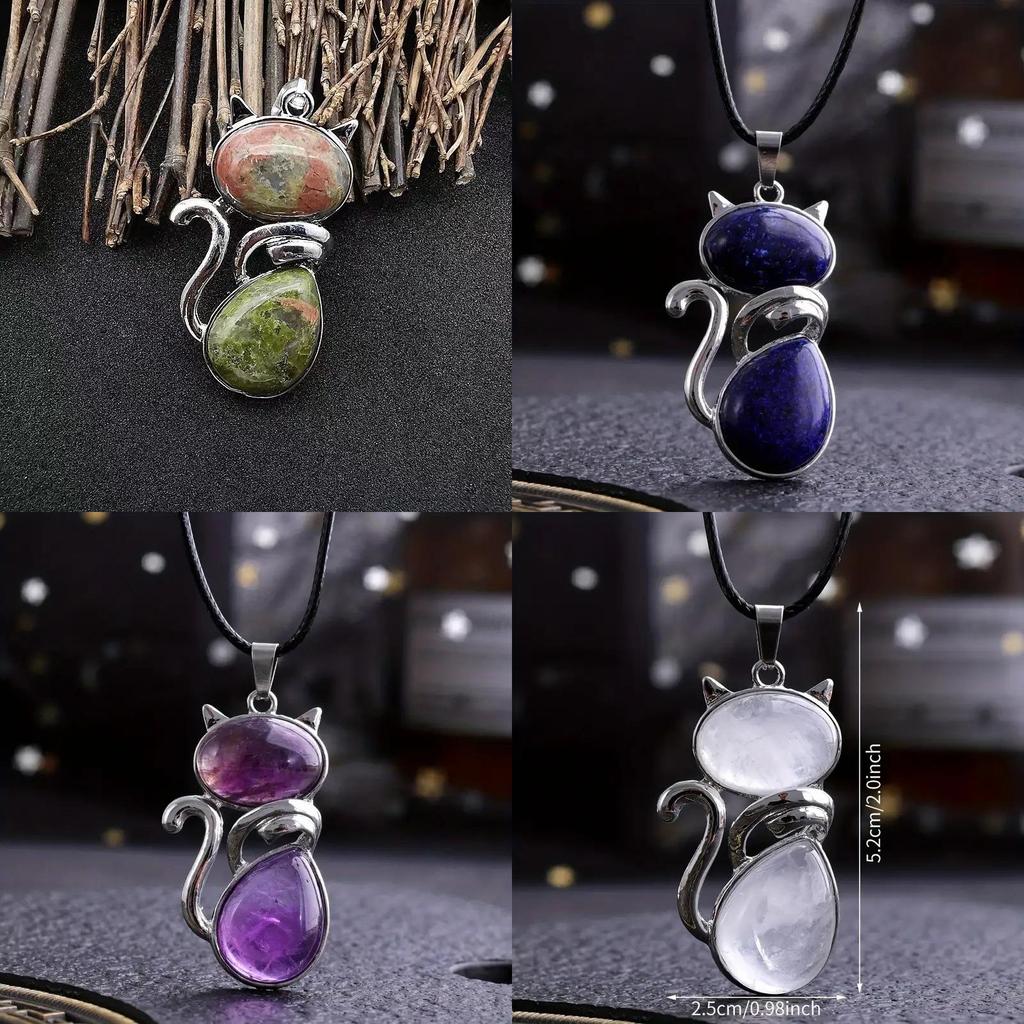 Natürlicher Kristall Katzen Anhänger Halskette Mit Amethyst Und Rosenquarz Für Einzigartigen Schmuck Geschenk