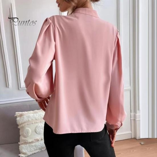 Women Shirt Stand Collar Lantern Long Sleeve Single Breasted Shirt Tops Solid Color Loose Fit Casual Shirt