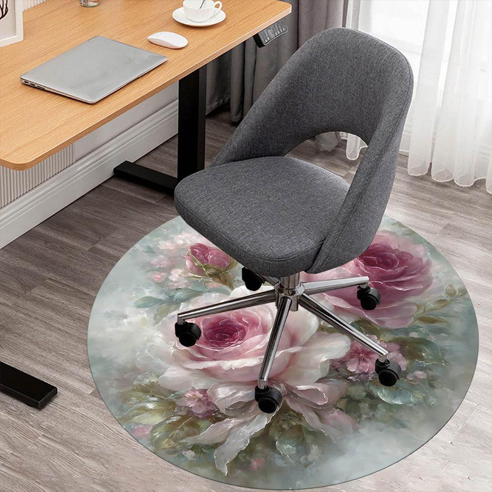 1pc Rose Bouquet Round Chair mat Area Rug - Non-Slip, Floor Mat for Office, Bedroom, home decor Christmas Gift-1002332