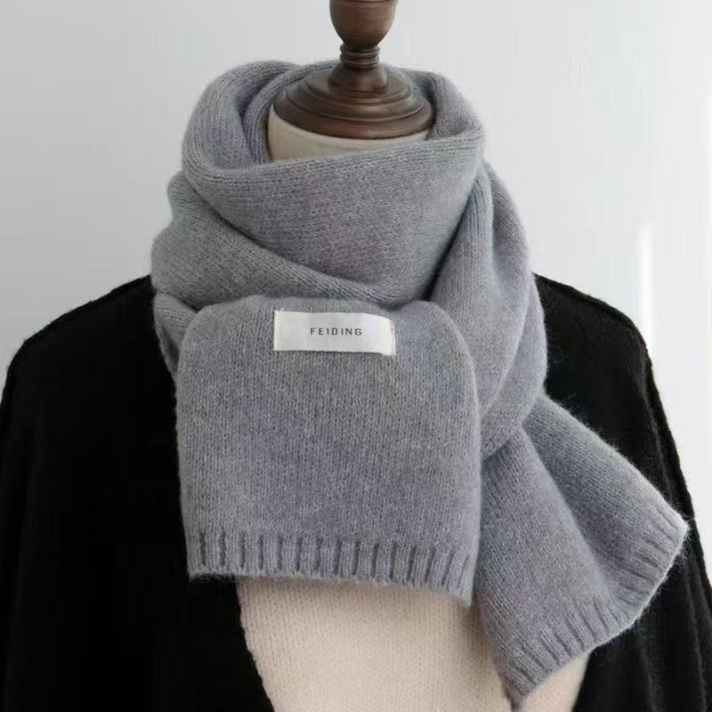 Solid Color Scarf Women's New Winter Warm and Trendy Blue Soft Waxy Knitted Scarf High Sense