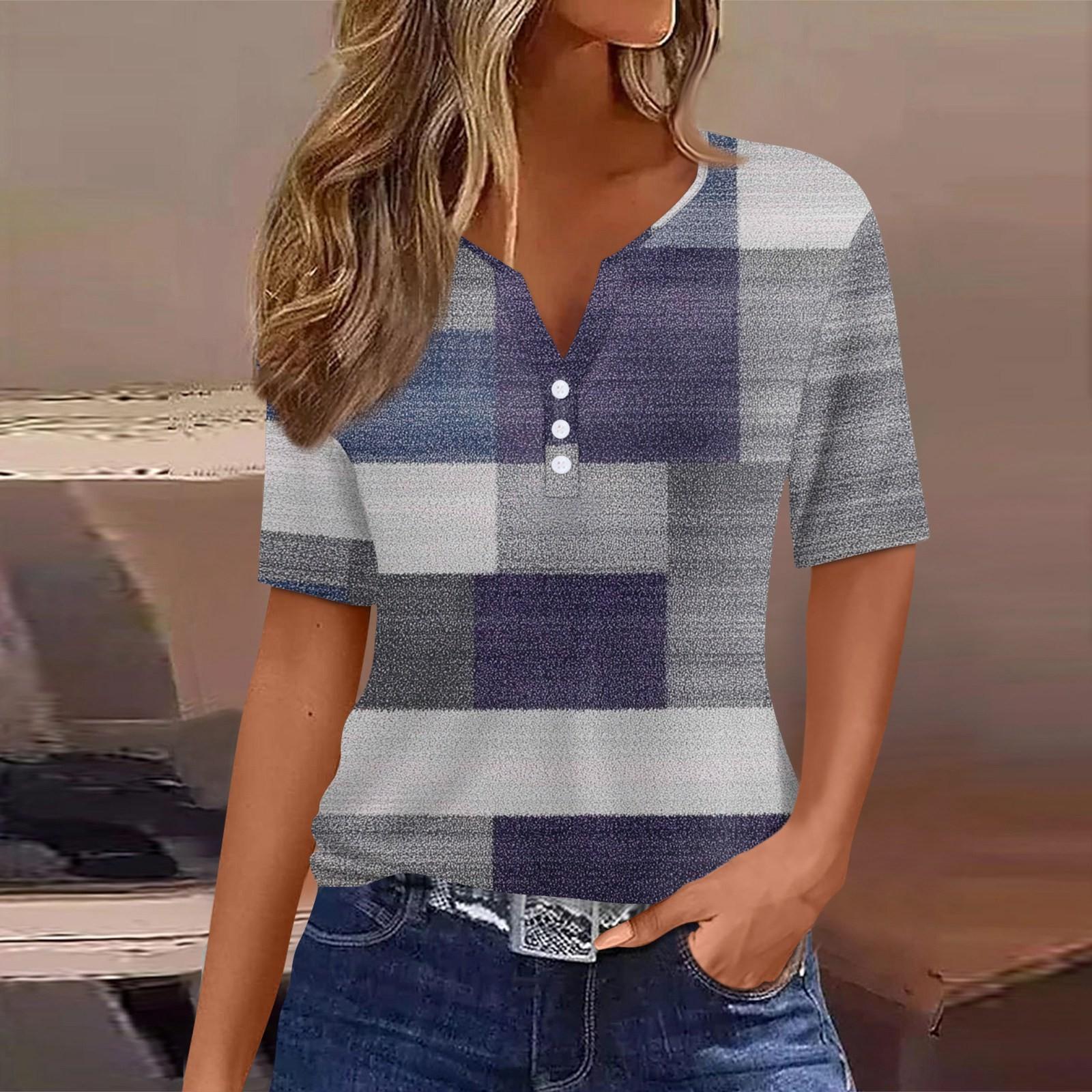 

Жіноча футболка Футболка з принтом на ґудзиках Туніка з коротким рукавом Щоденна мода на вихідні Базовий V-подібний виріз Звичайний топ S фіолетовий