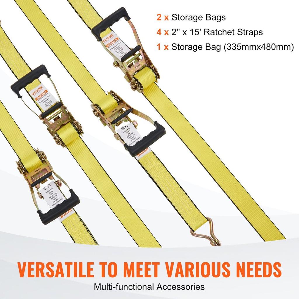 Ratchet Tie Down Straps (4PK), 5000 lb Break Strength, Double J Hook Includes 4 Premium 2" x 15' Rachet Tie Downs with Padded Handles, for Moving