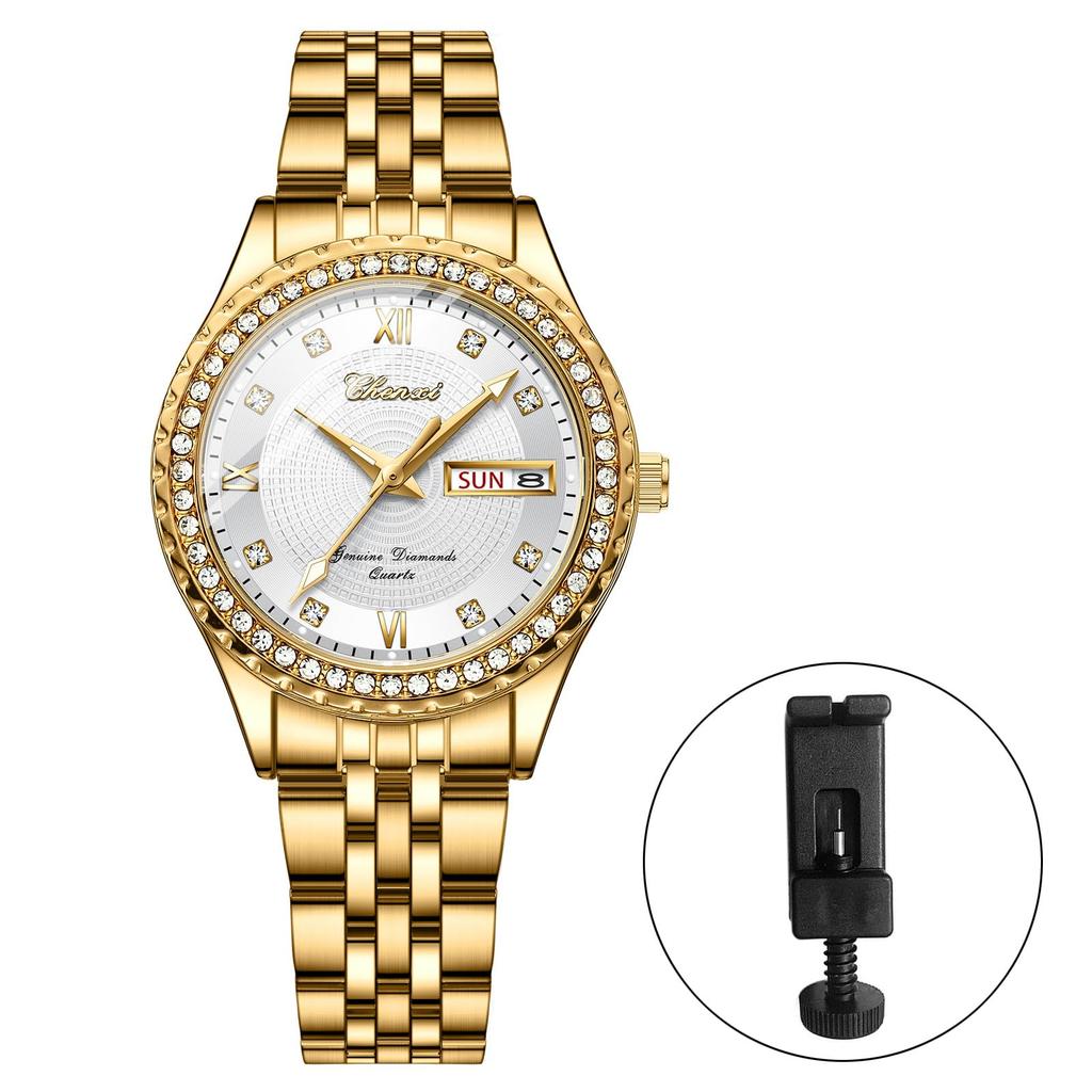 Stylish Stainless Steel Watch In Analog 3ATM Water Day Quartz Fashion Accessory Perfect Gift for or Lover Women's Gold Display, Calendar, Resistance,