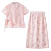 Shangdubuila Elegant Chinese Style Print Top & A-Line Skirt Set