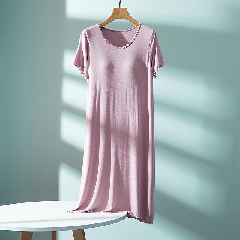 Women's Ruffle Short-Sleeve Nightgown with Chest Pad, Modal Spring/Summer Long Dress for Home Wear