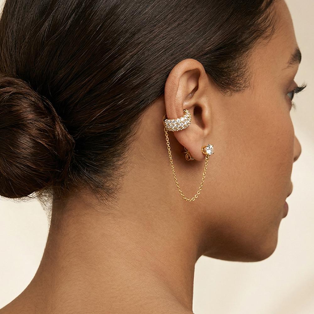 1pc CZ Zircon Stud with Gold Color Link Chain Clip Earrings for Women Gold Plated No Piercing Ear Cuff Fashion Jewelry Gifts
