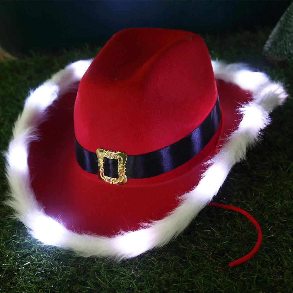 1-10pcs European and American Men's and Women's Cowboy Hat Red Western Cowboy Hats Christmas Feather Santa Claus Illuminated Hat
