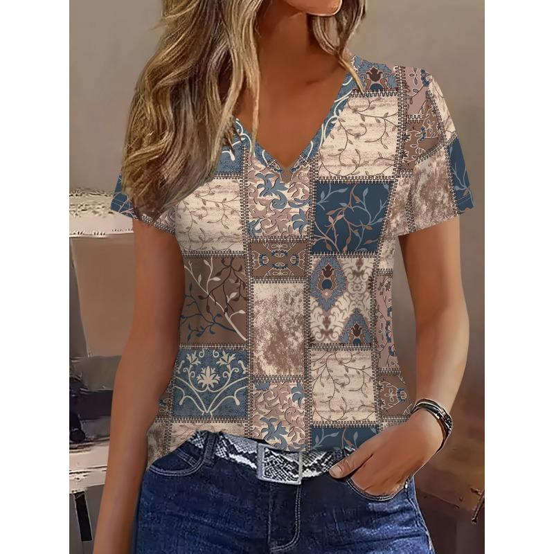 Full body printed V-neck short sleeved T-shirt, casual and fashionable short sleeved streetwear S