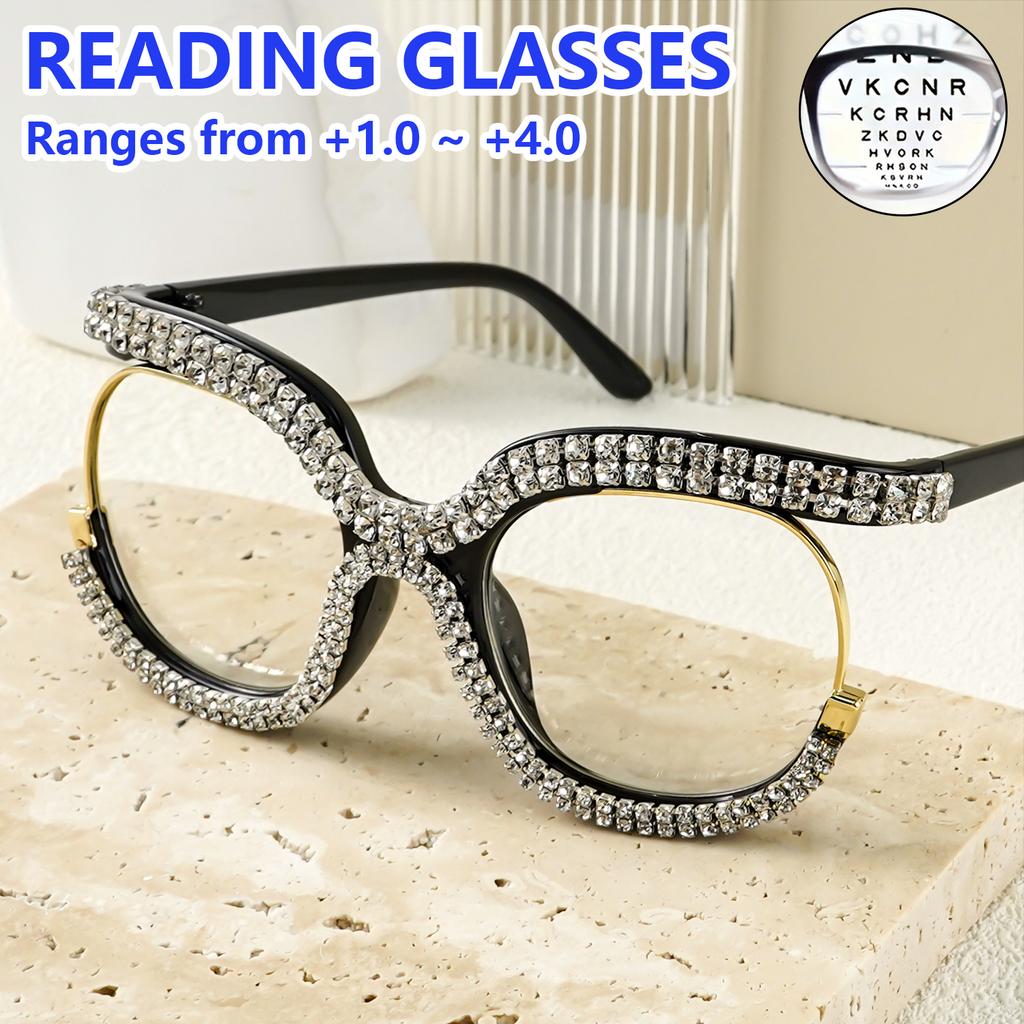 Rhinestone Oversized Reading Glasses Fashion Reading Glasses for Women Men From +1.0 To +4.0