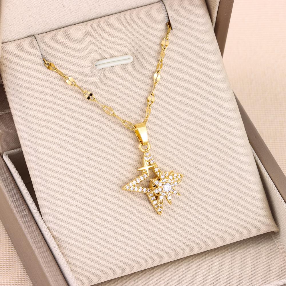 New In Rotatable Zircon Crystal Lucky Star Pendant Necklaces For Women Trendy Female Stainless Steel Chain Ladies Accessories