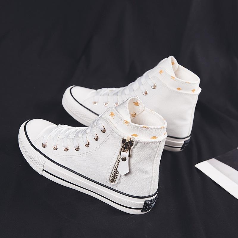 

Fashion 2025 Spring Summer New Strappy Flat Mid-Top Canvas Shoes Side Zipper Women s Sneakers Fashion Casual Shoes Student Cloth Shoes 40