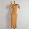 Export Pure Color Square Collar Puff Sleeve Ruched Knitting Dress Women's Summer Tight Waist Slim Looking Sheath Dress