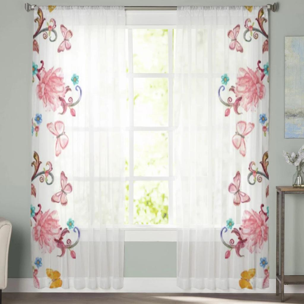 Pink Flowers and Butterflies Tulle Curtains for Living Room Decoration Modern Veil Chiffon Curtains Bedroom Sheer Voile