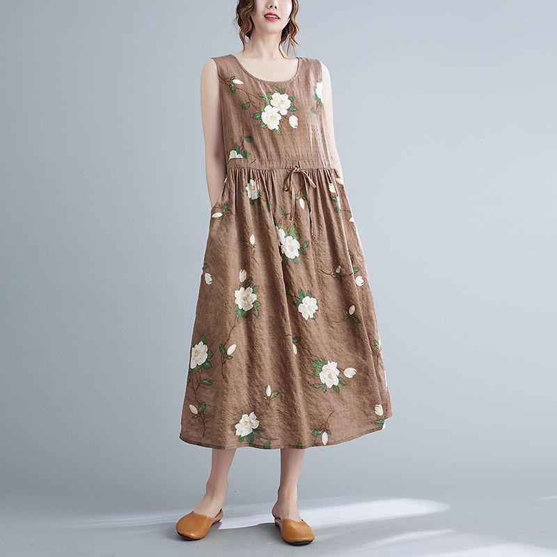 Abiti Estivi Vintage Stampati da Donna Senza Maniche Moda Ampi Vacanza Spiaggia Abito Sottile Eleganti Vestidos Robe Femme