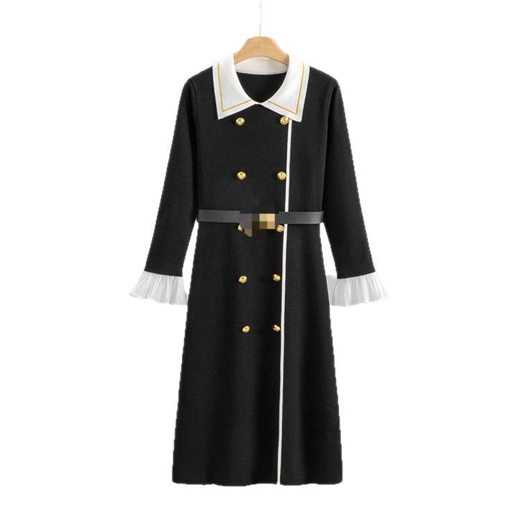 Nanyou 2025 Fall/Winter Women's Colorblock Knitted Dress with Metal Buckle and Long Sleeves