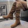 Retro round head wasteland wind fringed knight boots women's 2025 new thick heel but knee thin pile boots