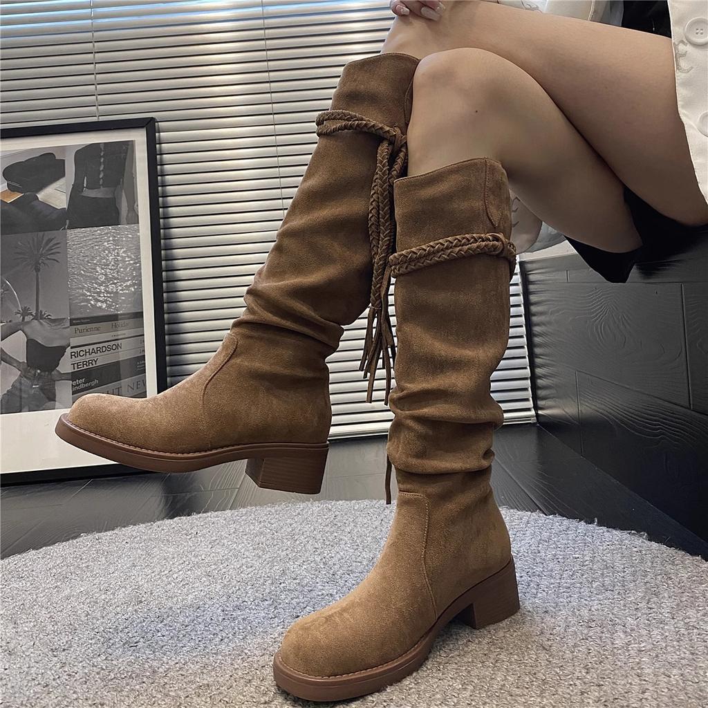 Retro round head wasteland wind fringed knight boots women's 2025 new thick heel but knee thin pile boots