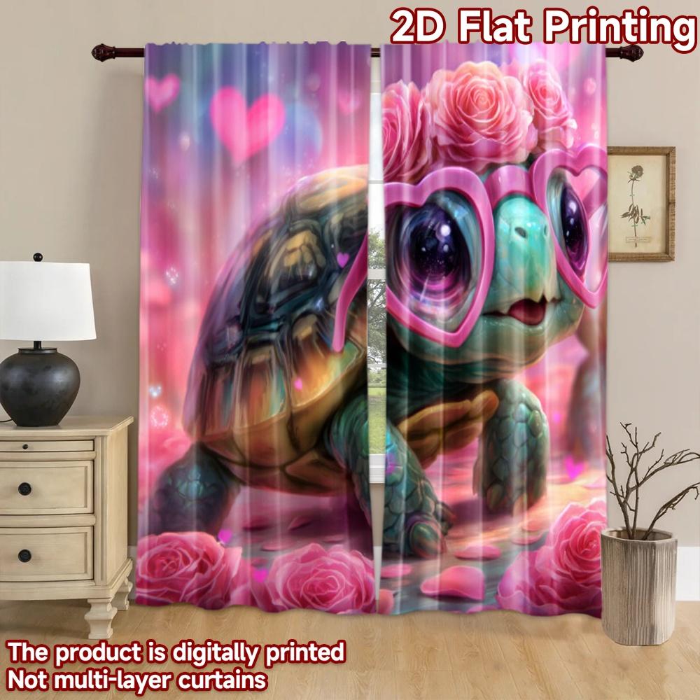 2D flat printing 2pcs Window Treatment Curtains Cute Turtle Heart Glasses Pink Roses Digital Printed Polyester Drapes Holiday