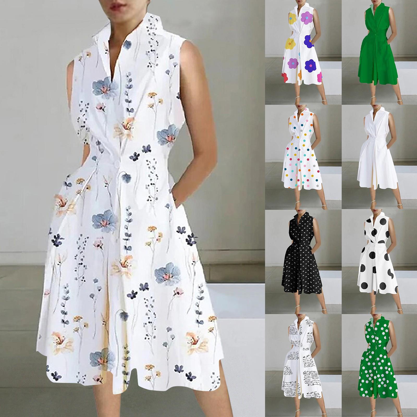 

Women s Fashion Summer Loose Collar Button Solid Print Sleeveless Dress