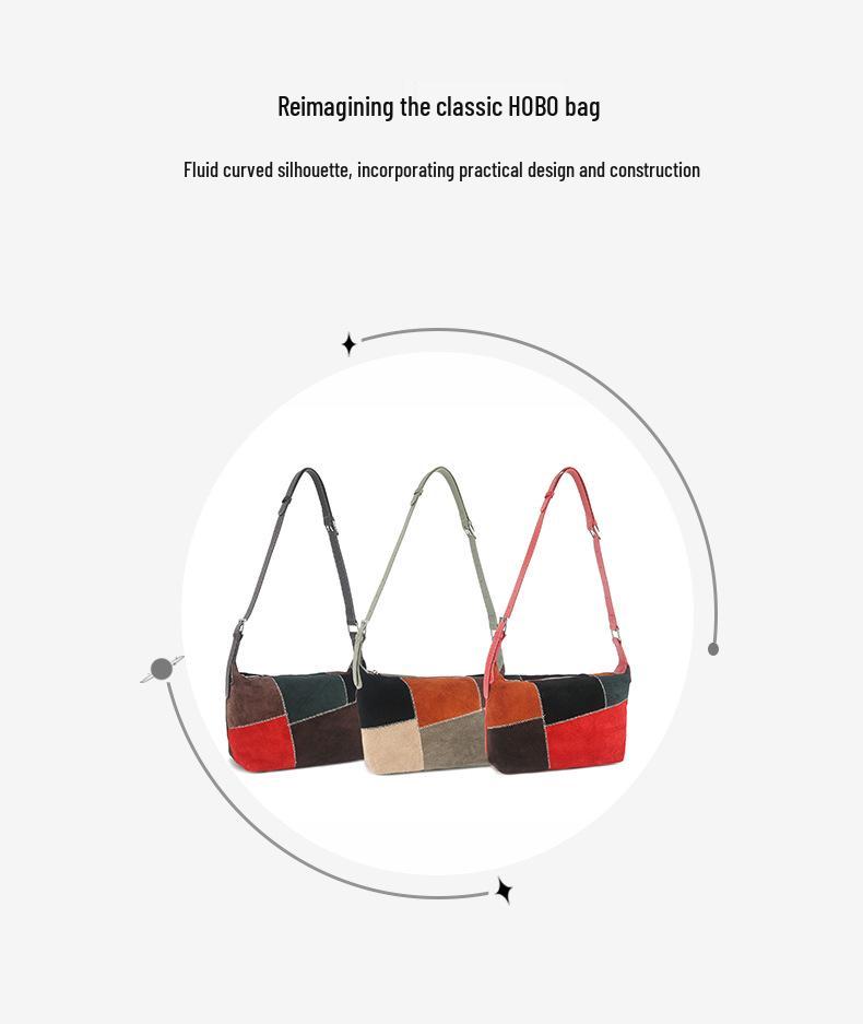 Vintage Frosted Cowhide Color Block Hobo Bag: Stylish High-End Handbag and Casual Crossbody Tote.