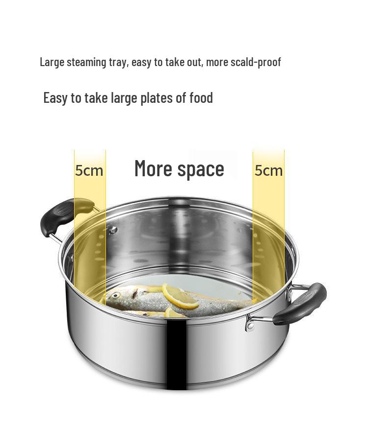 Thickened Stainless Steel Dual-Layer Steamer Pot, 28cm-40cm - Versatile for Steaming Buns, Fish, and Soup, Compatible with Induction Cookers.