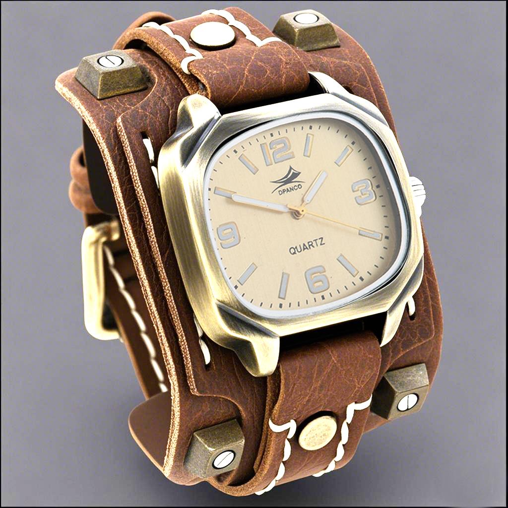 Vintage Rivets Genuine Leather Men Quartz Watch With Hand Stitched Wide Leather Strap Punk Hip Hop Style