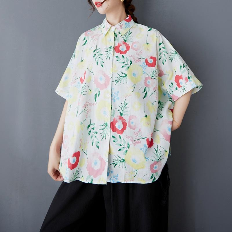 Short Sleeve Oversized  Vintage Floral Shirts & Blouses for Blouse Casual Loose Summer Tops Women Button Up Shirt