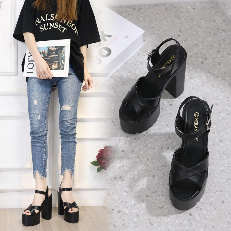 Fashion 14CM  Chunky High Heel Platform Sexy Sandals Women Summer Open Toe Black White Sandals