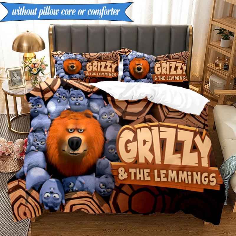 Bear And Blue Critter Adventure 3pcs K-pop music group Bedding set,Ideal for Bedroom, Dormitory,Including Duvet Cover And 2pcs Pillowcases,Fan gifts