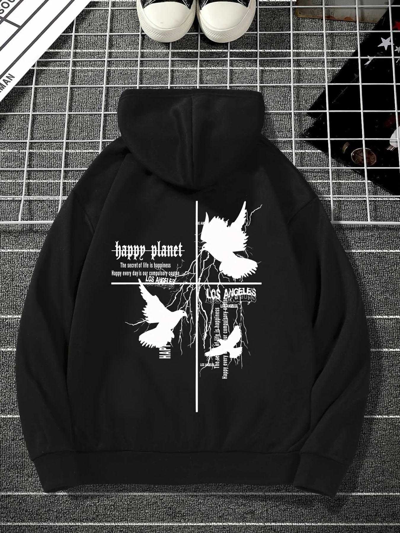 

Men s Hoodie - Black Graphic Pullover with Kangaroo Pocket | Fall/Winter Streetwear Essential 3XL